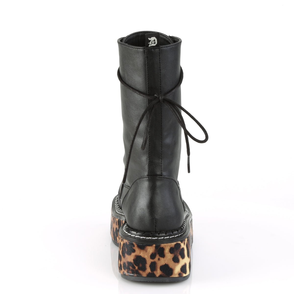 Too Fast | Demonia Emily 350 | Black Leopard Vegan Leather Women&#39;s Mid Calf Boots