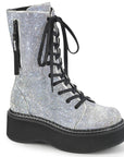 Too Fast | Demonia Emily 362 | Silver Vegan Leather & Rhinstone Women's Mid Calf Boots