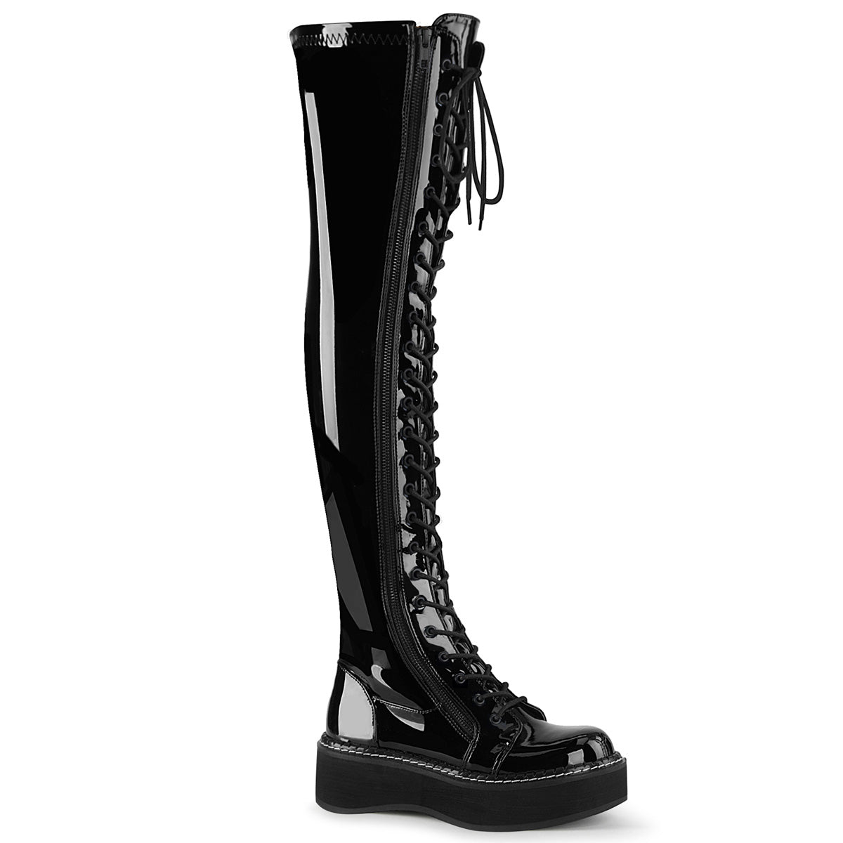 Too Fast | Demonia Emily 375 | Black Patent Leather Women&#39;s Over The Knee Boots