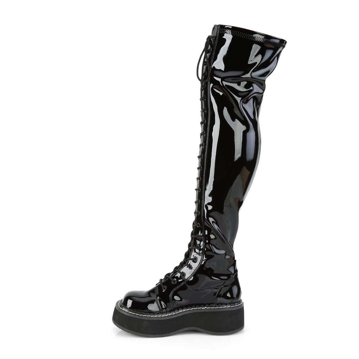 Too Fast | Demonia Emily 375 | Black Patent Leather Women&#39;s Over The Knee Boots