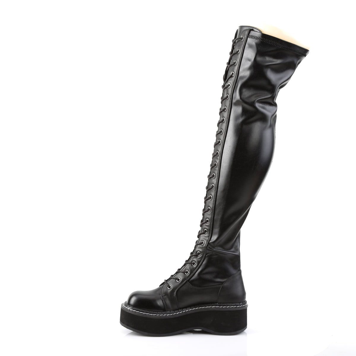 Too Fast | Demonia Emily 375 | Black Stretch Vegan Leather Women&#39;s Over The Knee Boots