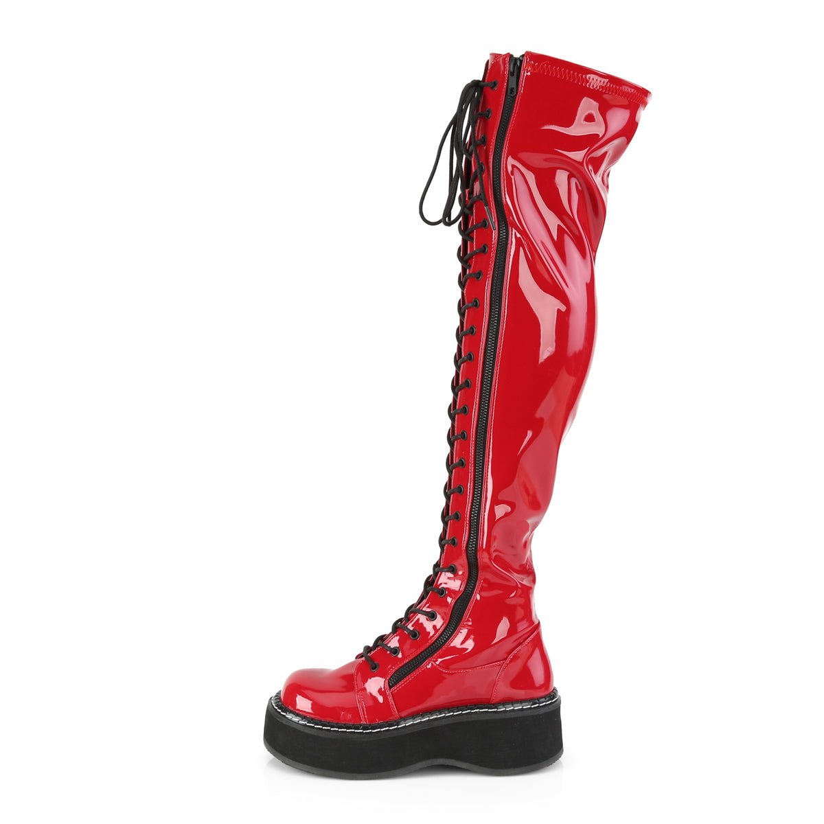 Too Fast | Demonia Emily 375 | Red Patent Leather Women&#39;s Over The Knee Boots