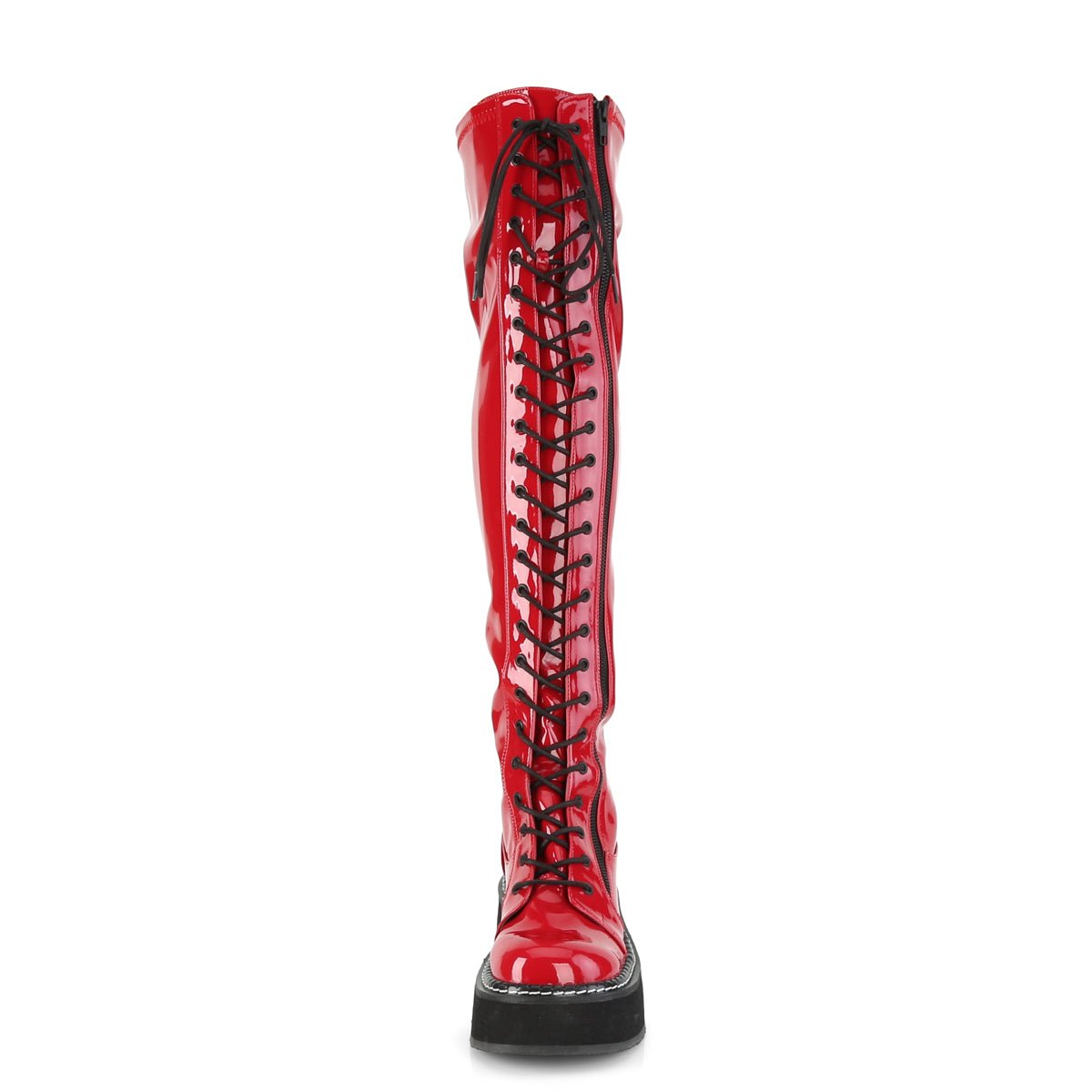 Too Fast | Demonia Emily 375 | Red Patent Leather Women&#39;s Over The Knee Boots