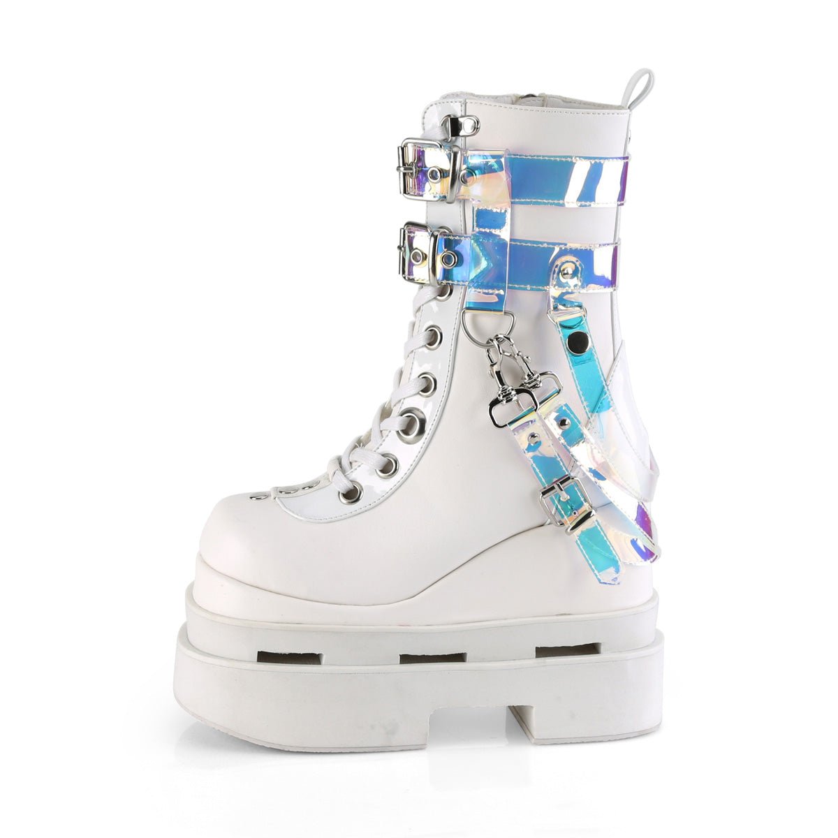 Too Fast | Demonia Eternal 115 | White Vegan Leather &amp; Patent Leather Women&#39;s Mid Calf Boots