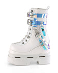 Too Fast | Demonia Eternal 115 | White Vegan Leather & Patent Leather Women's Mid Calf Boots