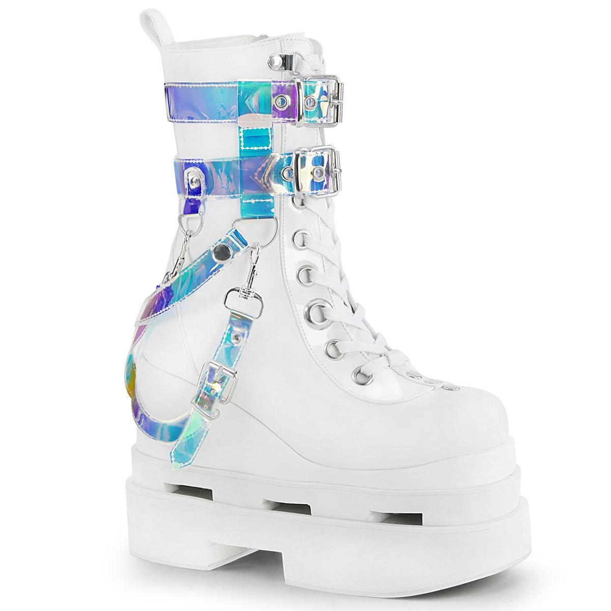 Too Fast | Demonia Eternal 115 | White Vegan Leather &amp; Patent Leather Women&#39;s Mid Calf Boots