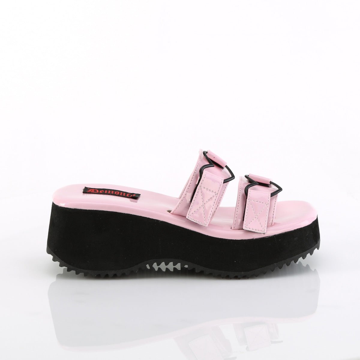 Too Fast | Demonia Flip 12 | Baby Pink Hologram Patent Women&#39;s Sandals