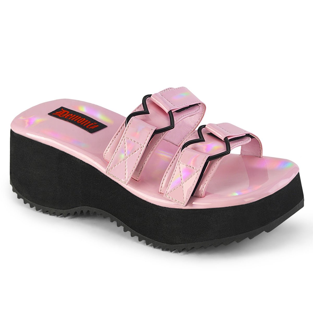 Too Fast | Demonia Flip 12 | Baby Pink Hologram Patent Women&#39;s Sandals