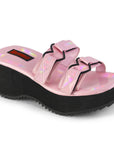 Too Fast | Demonia Flip 12 | Baby Pink Hologram Patent Women's Sandals