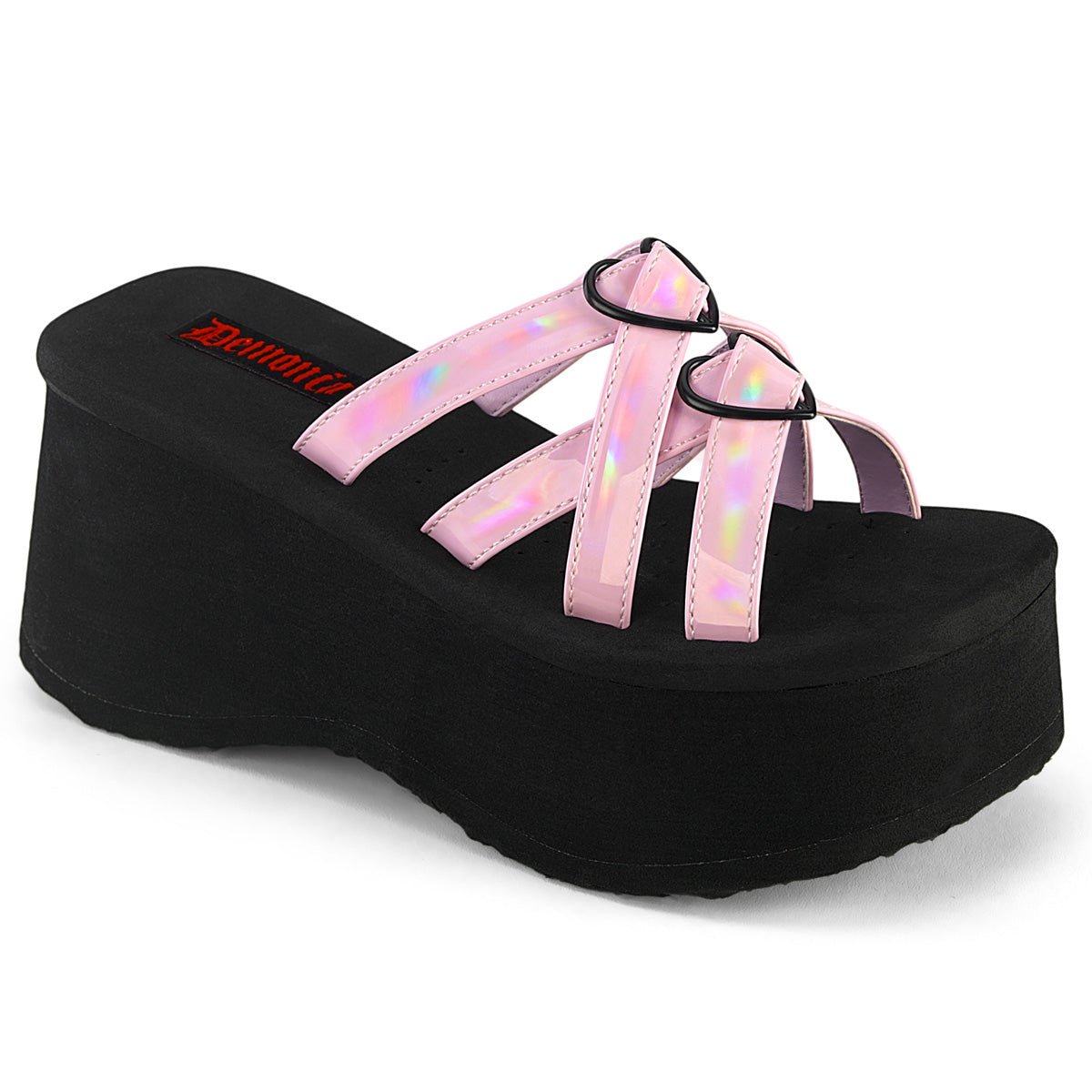 Too Fast | Demonia Funn 15 | Baby Pink Hologram Patent Women&#39;s Sandals