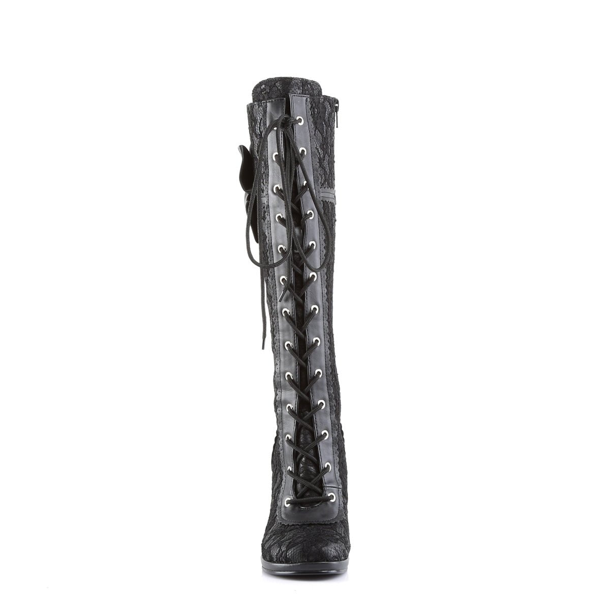 Too Fast | Demonia Glam 240 | Black Vegan Leather With A Lace Overlay Women's Knee High Boots