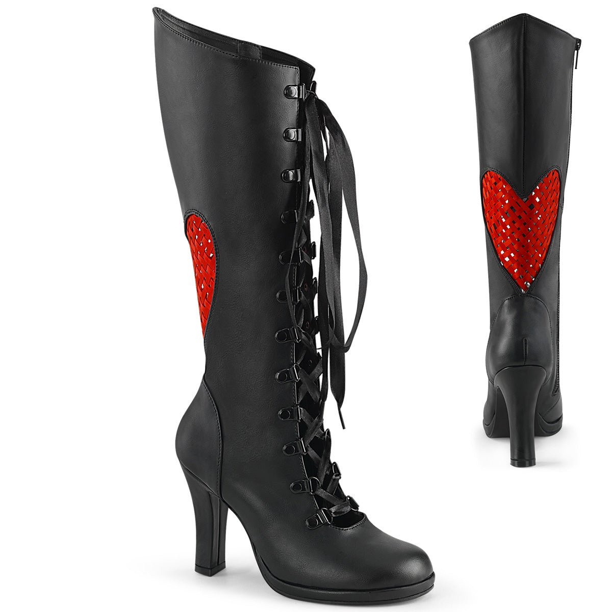 Too Fast | Demonia Glam 243 | Black &amp; Red Vegan Leather &amp; Satin Women&#39;s Knee High Boots