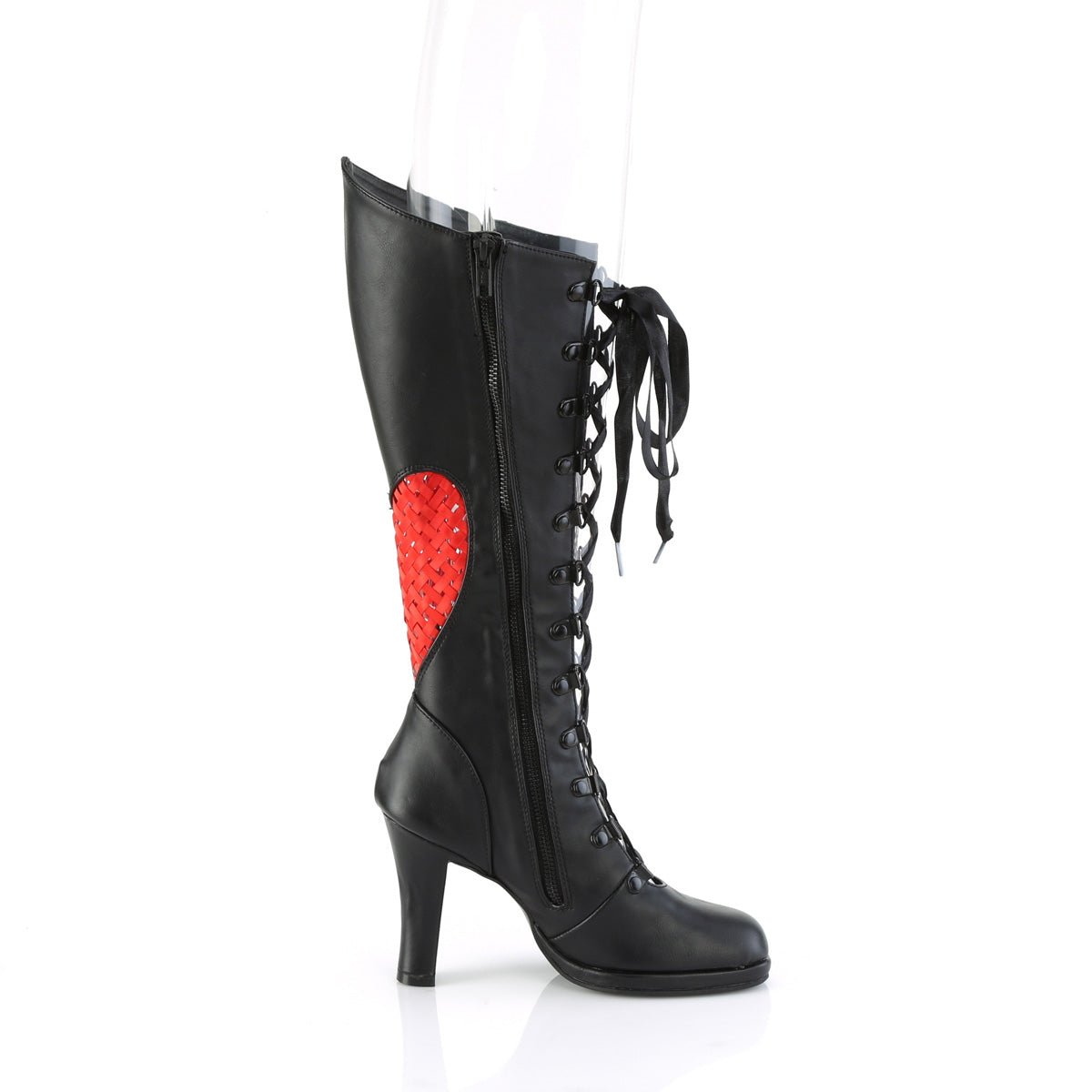 Too Fast | Demonia Glam 243 | Black &amp; Red Vegan Leather &amp; Satin Women&#39;s Knee High Boots