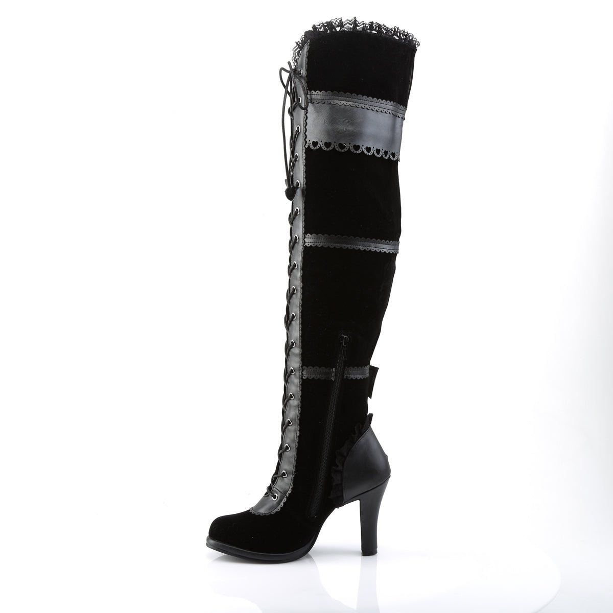 Too Fast | Demonia Glam 300 | Black Vegan Leather & Velvet Women's Over The Knee Boots