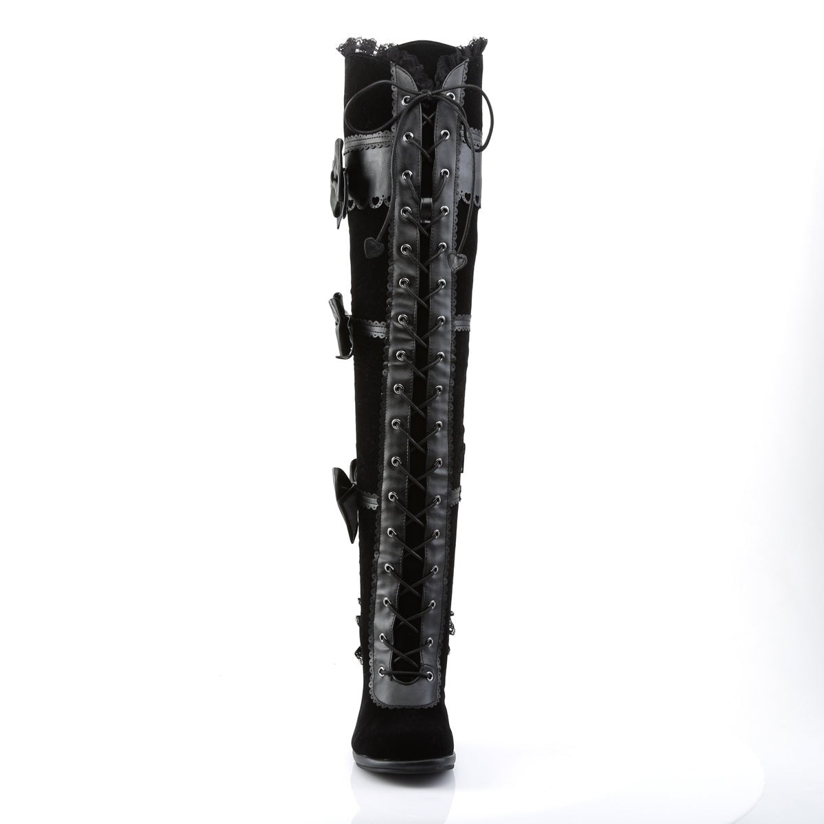 Too Fast | Demonia Glam 300 | Black Vegan Leather &amp; Velvet Women&#39;s Over The Knee Boots