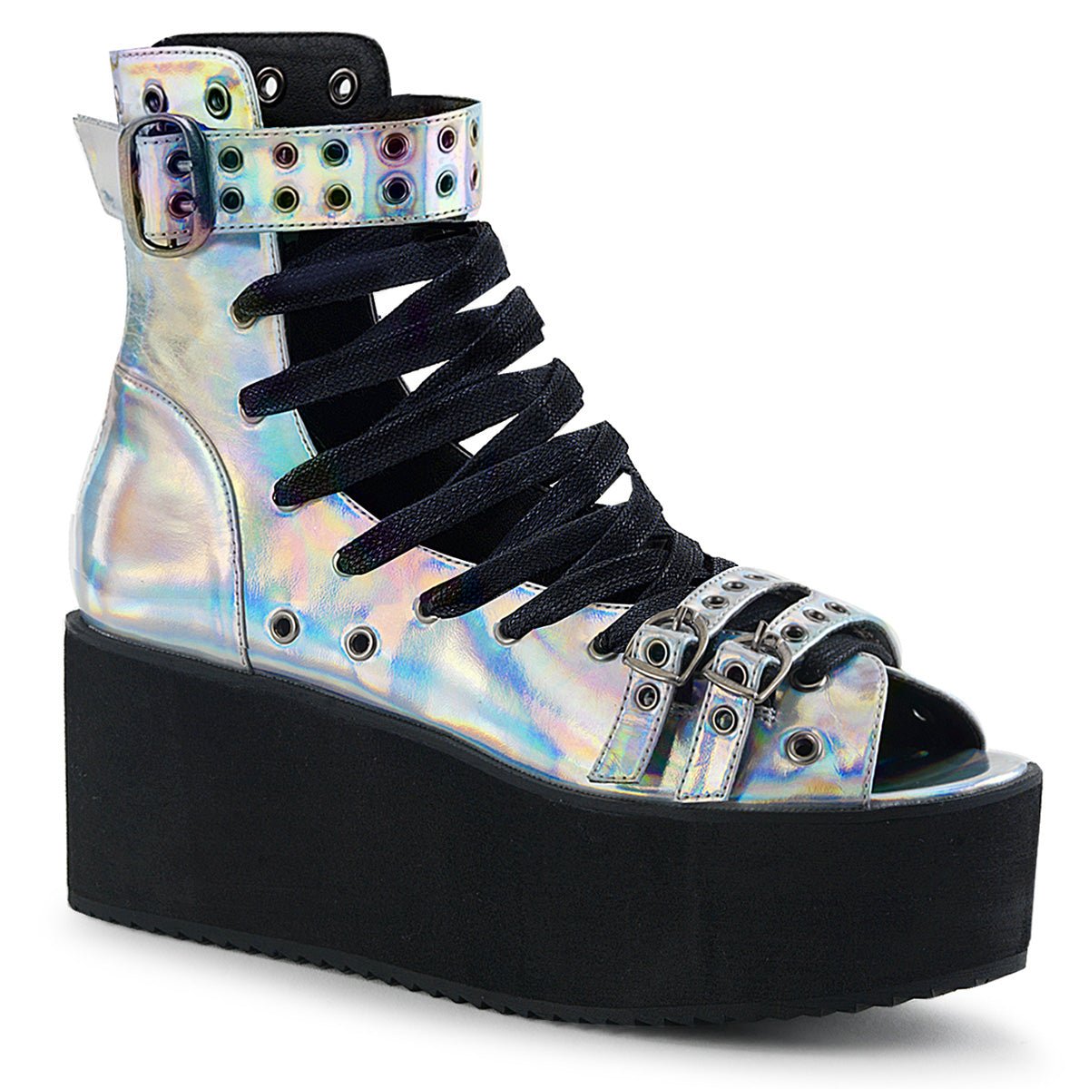 Too Fast | Demonia Grip 105 | Silver Holographic Vegan Leather Women's Sandals