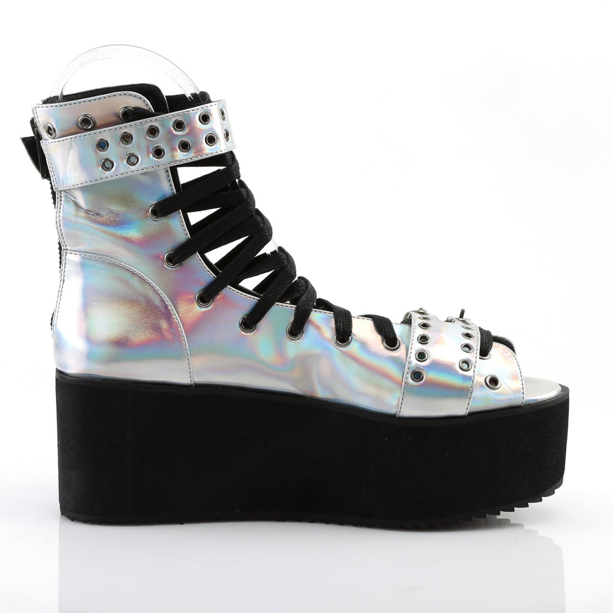 Too Fast | Demonia Grip 105 | Silver Holographic Vegan Leather Women&#39;s Sandals