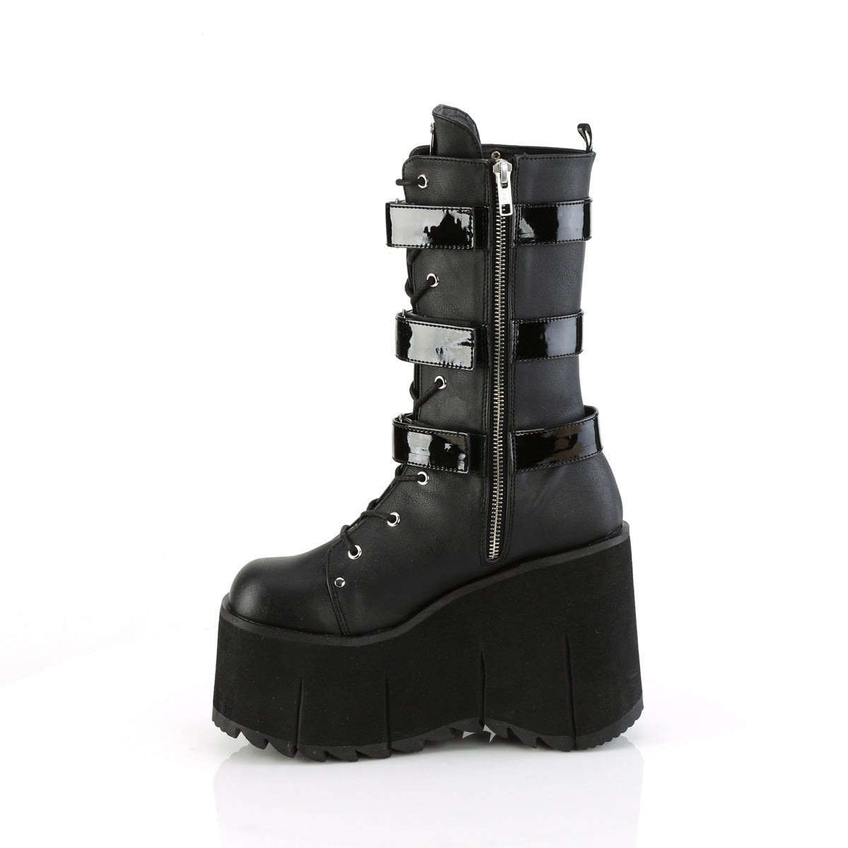 Too Fast | Demonia Kera 110 | Black Vegan Leather &amp; Patent Leather Women&#39;s Mid Calf Boots