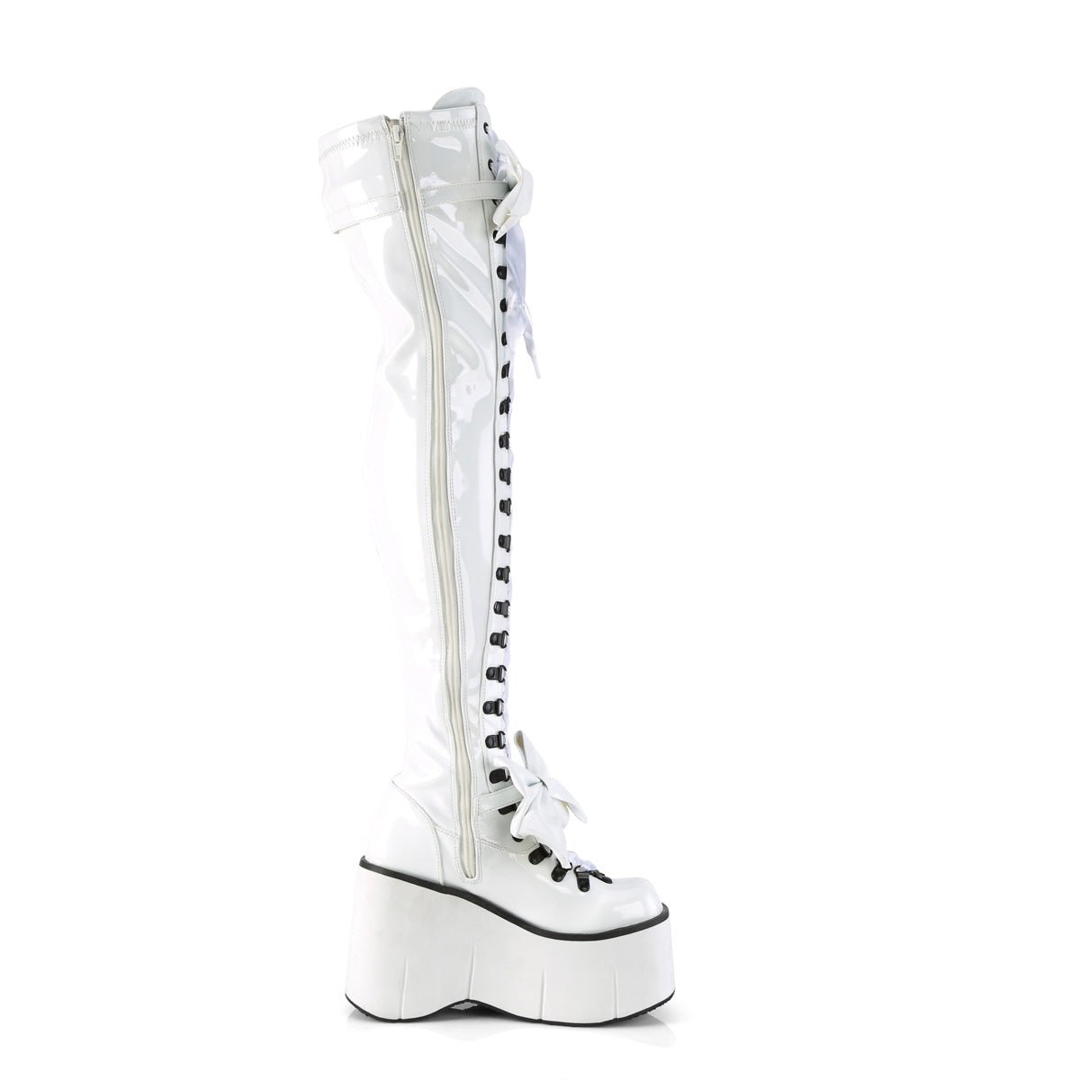 Too Fast | Demonia Kera 303 | White Stretch Patent Leather Women&#39;s Over The Knee Boots
