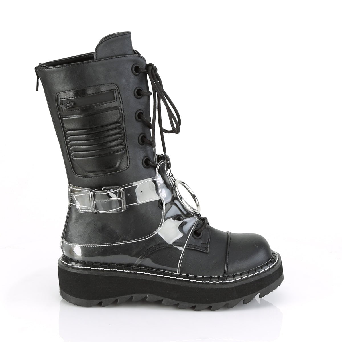 Too Fast | Demonia Lilith 271 | Black Vegan Leather &amp; Clear Pvc Women&#39;s Mid Calf Boots