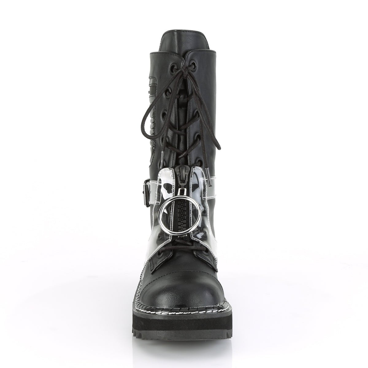 Too Fast | Demonia Lilith 271 | Black Vegan Leather &amp; Clear Pvc Women&#39;s Mid Calf Boots