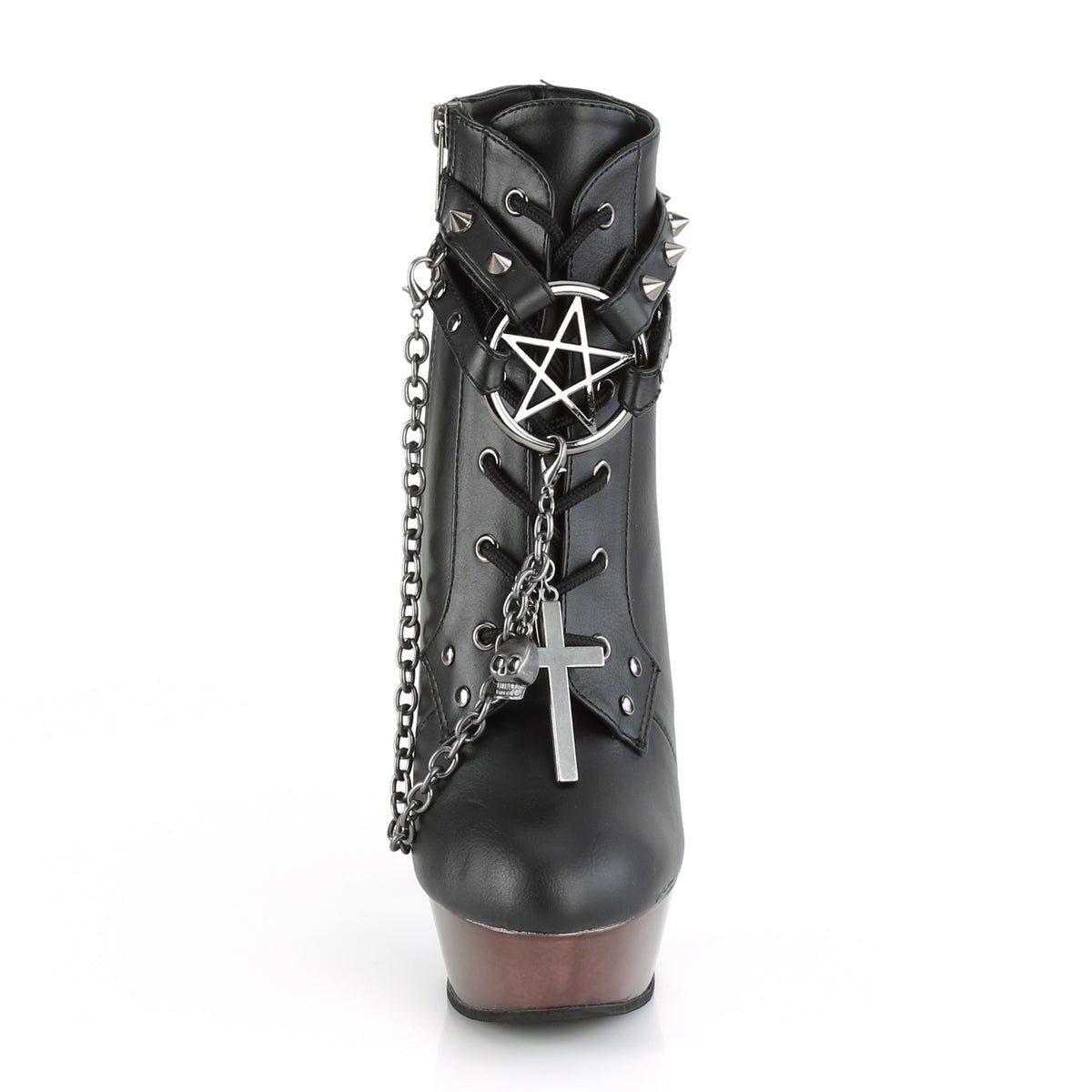 Too Fast | Demonia Muerto 1001 | Black &amp; Pewter Faux Leather &amp; Chrome Women&#39;s Ankle Boots