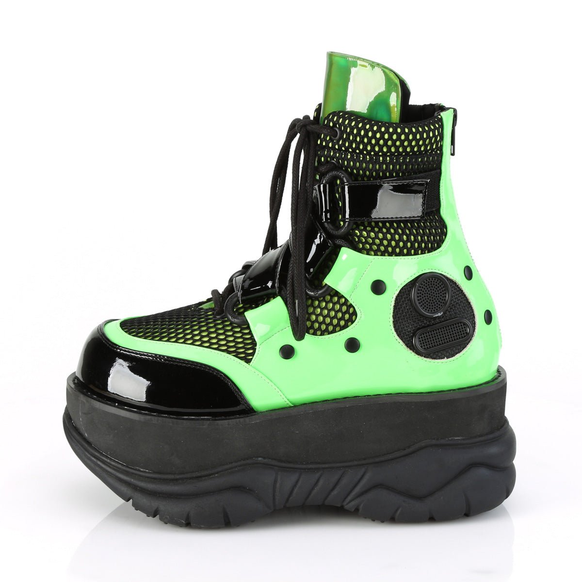 Too Fast | Demonia Neptune 126 | Black & Green Patent Leather Unisex Platform Boots