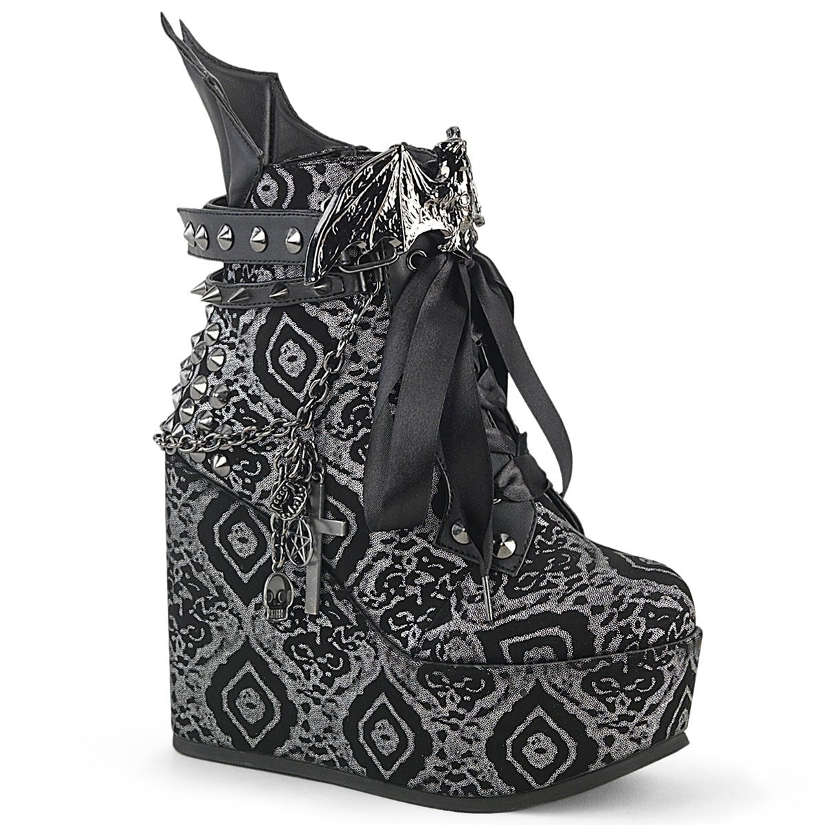Too Fast | Demonia Poison 107 | Black &amp; Silver Faux Nubuck Leather Women&#39;s Ankle Boots