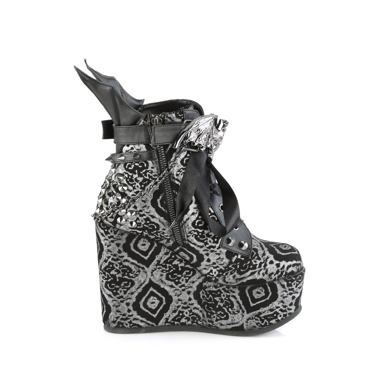 Too Fast | Demonia Poison 107 | Black &amp; Silver Faux Nubuck Leather Women&#39;s Ankle Boots