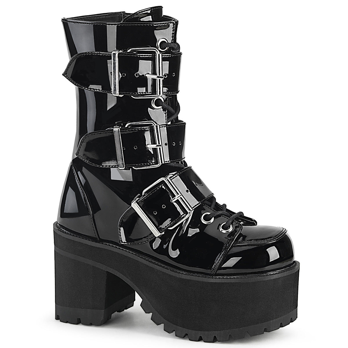 Too Fast | Demonia Ranger 308 | Black Patent Leather Women&#39;s Ankle Boots