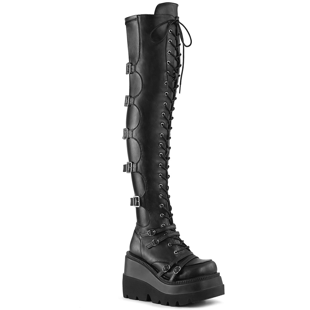Too Fast | Demonia Shaker 350 | Black Stetch Vegan Leather Women's Over The Knee Boots