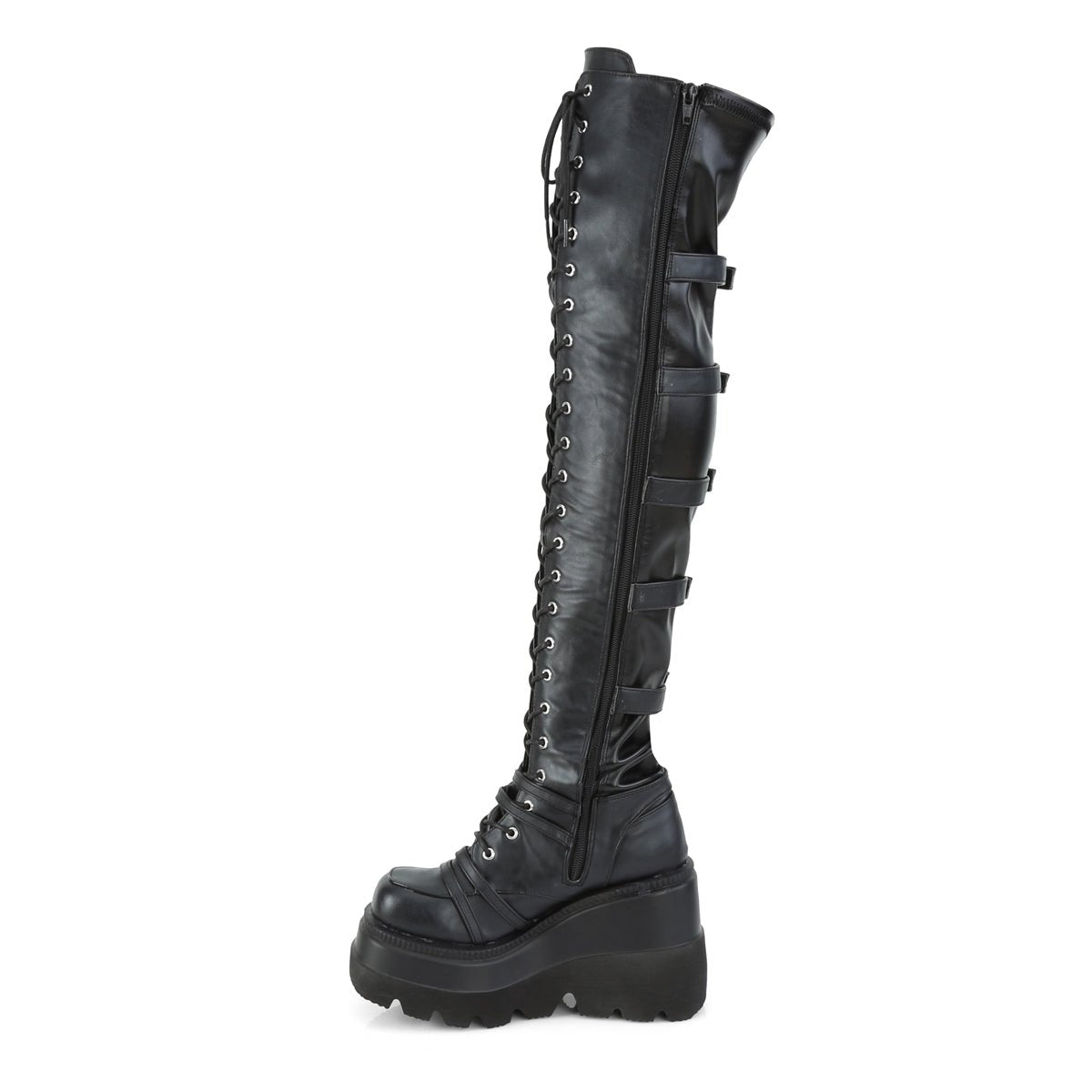Too Fast | Demonia Shaker 350 | Black Stetch Vegan Leather Women&#39;s Over The Knee Boots