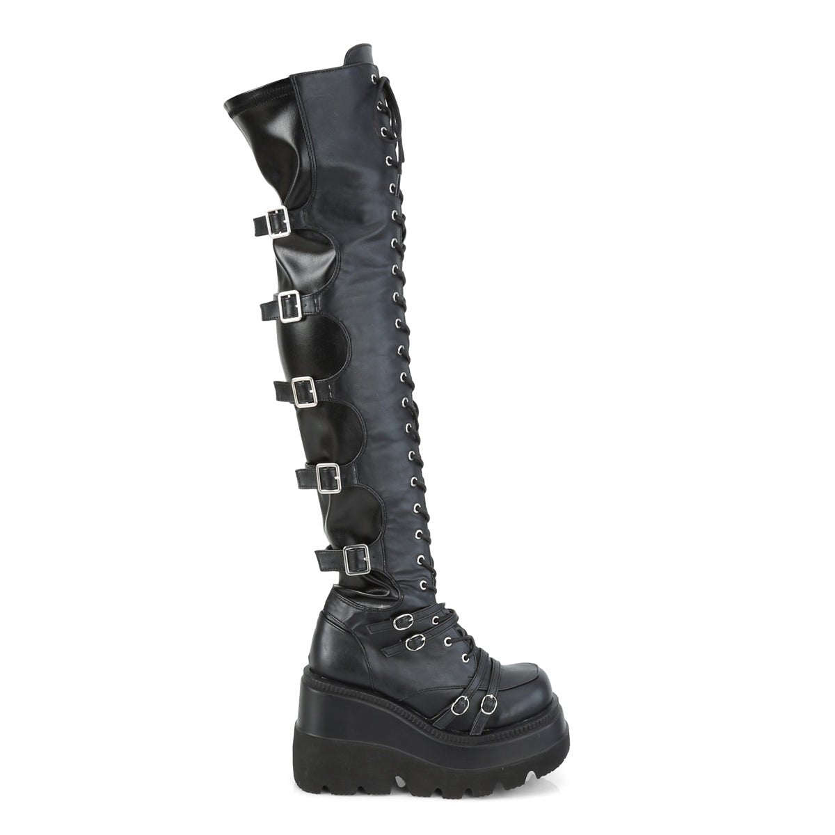Too Fast | Demonia Shaker 350 | Black Stetch Vegan Leather Women&#39;s Over The Knee Boots