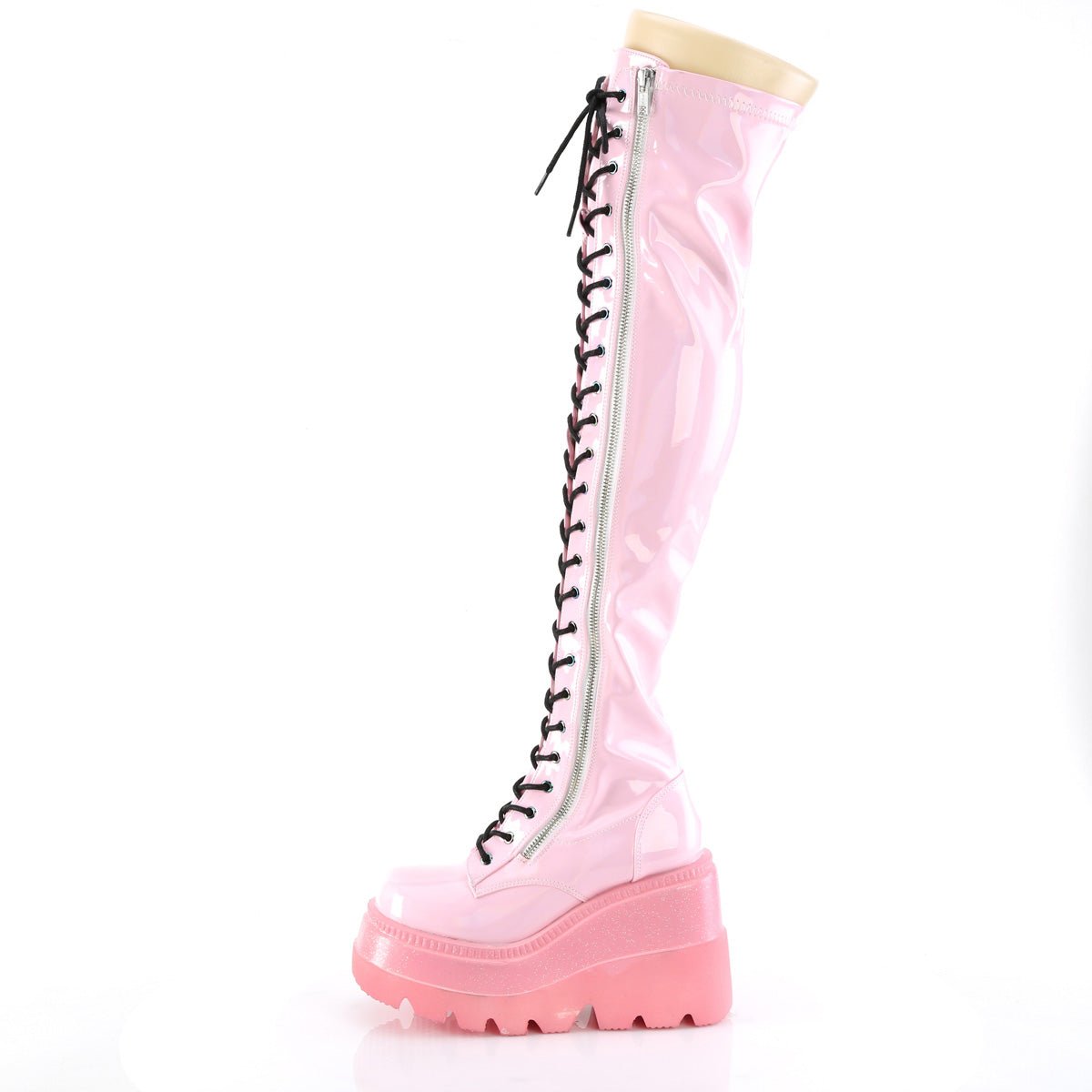 Too Fast | Demonia Shaker 374 1 | Baby Pink Hologram Stretch Patent Leather Women&#39;s Over The Knee Boots