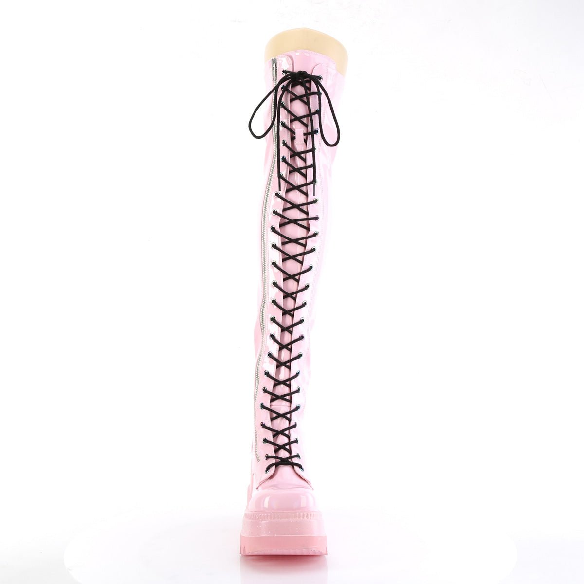 Too Fast | Demonia Shaker 374 | Baby Pink Hologram Stretch Patent Leather Women&#39;s Over The Knee Boots
