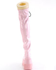 Too Fast | Demonia Shaker 374 | Baby Pink Hologram Stretch Patent Leather Women's Over The Knee Boots
