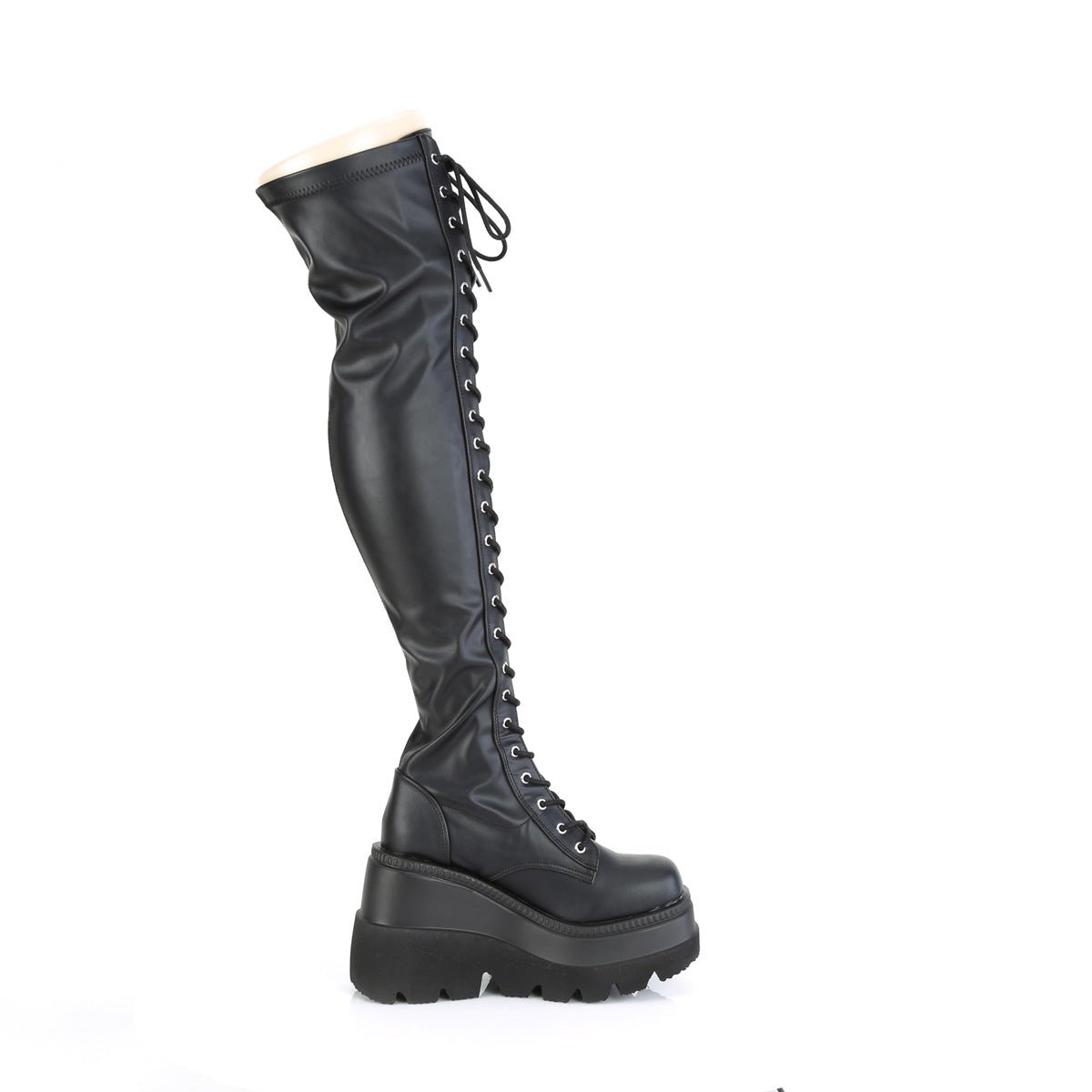 Too Fast | Demonia Shaker 374 | Black Stetch Vegan Leather Women&#39;s Over The Knee Boots