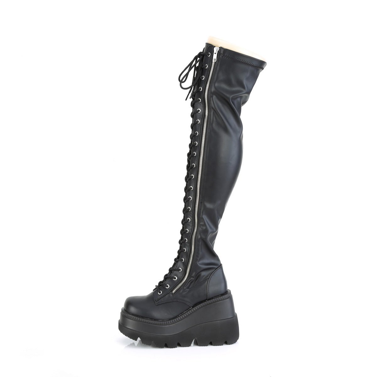 Too Fast | Demonia Shaker 374 | Black Stetch Vegan Leather Women&#39;s Over The Knee Boots