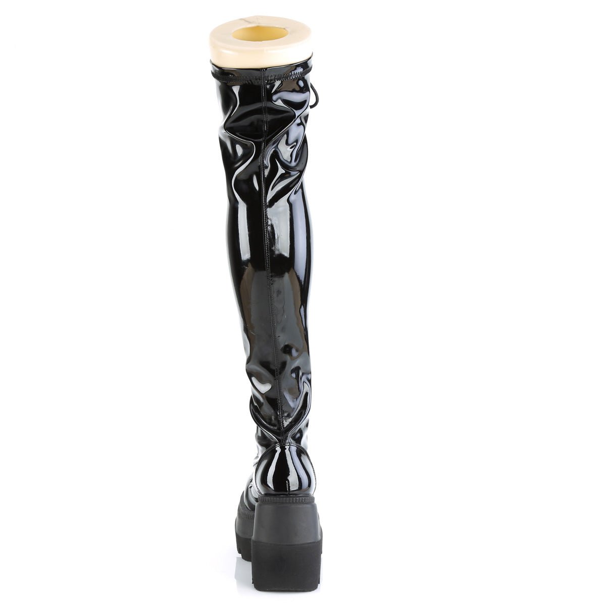 Too Fast | Demonia Shaker 374 | Black Stretch Patent Leather Women&#39;s Over The Knee Boots