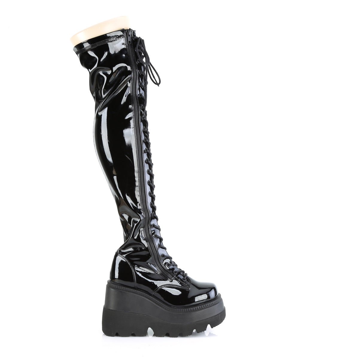 Too Fast | Demonia Shaker 374 | Black Stretch Patent Leather Women&#39;s Over The Knee Boots