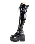 Too Fast | Demonia Shaker 374 | Black Stretch Patent Leather Women's Over The Knee Boots