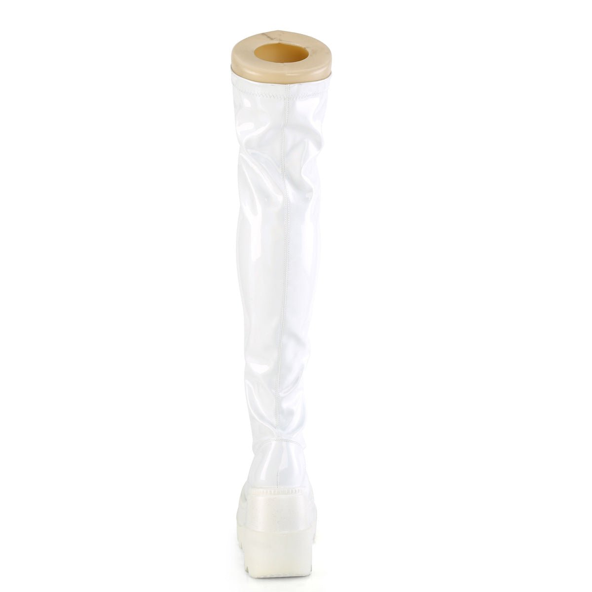 Too Fast | Demonia Shaker 374 | White Hologram Stretch Patent Leather Women&#39;s Over The Knee Boots