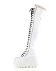 Too Fast | Demonia Shaker 374 | White Hologram Stretch Patent Leather Women's Over The Knee Boots