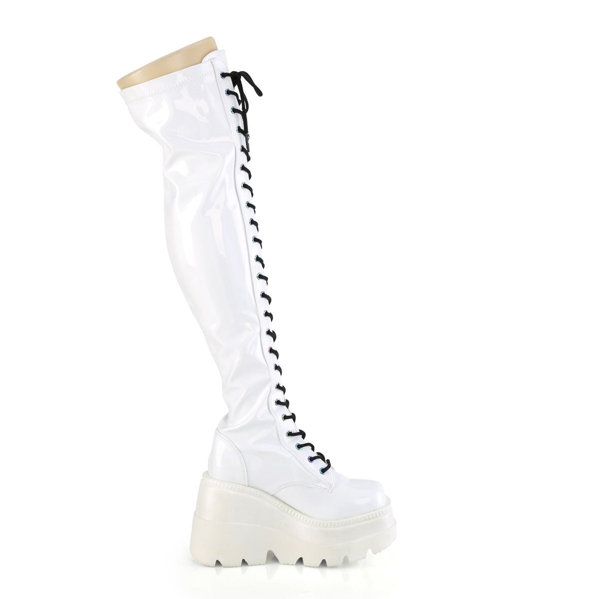 Too Fast | Demonia Shaker 374 | White Hologram Stretch Patent Leather Women&#39;s Over The Knee Boots