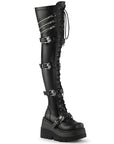 Too Fast | Demonia Shaker 420 | Black Stretch Vegan Leather Women's Over The Knee Boots