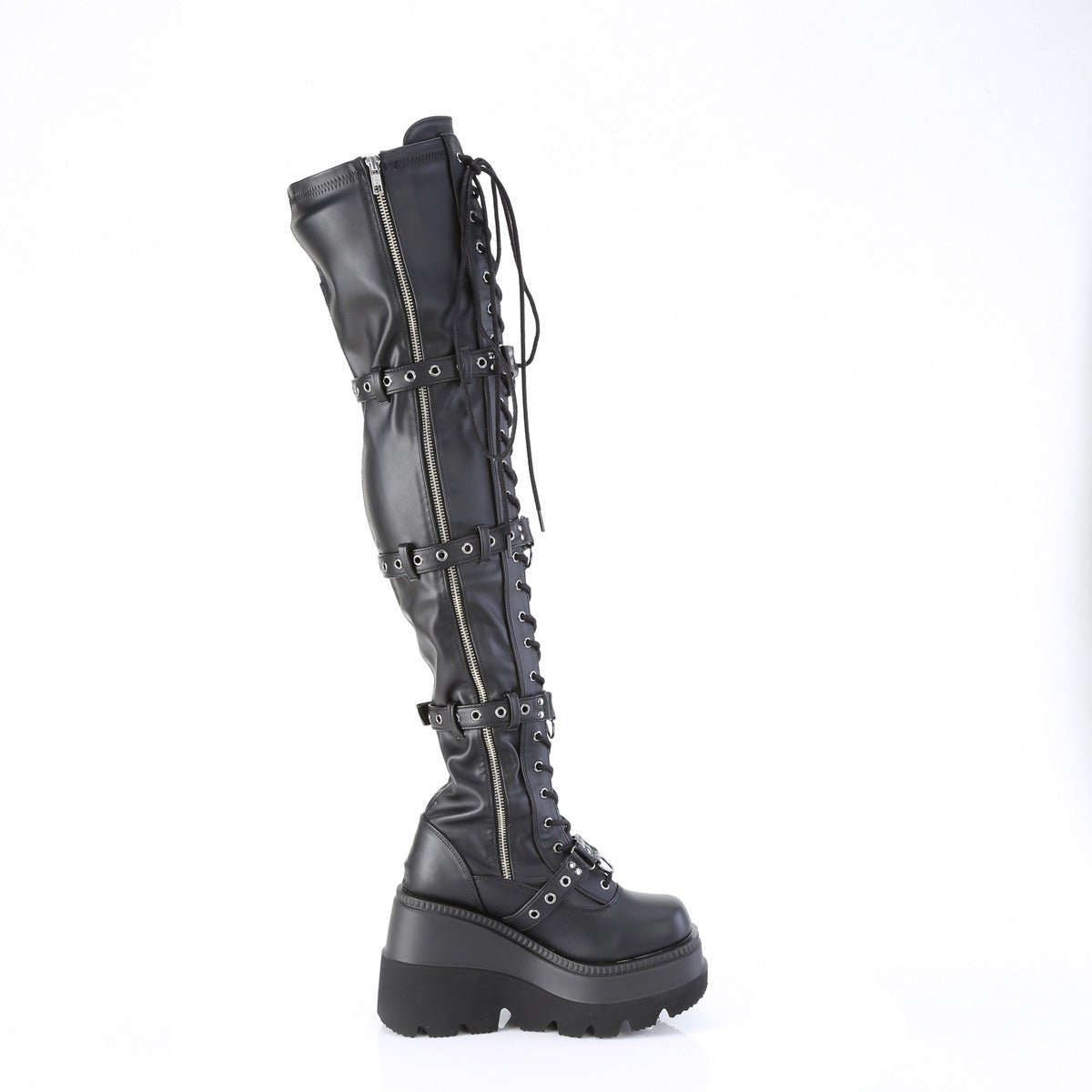 Too Fast | Demonia Shaker 420 | Black Stretch Vegan Leather Women&#39;s Over The Knee Boots