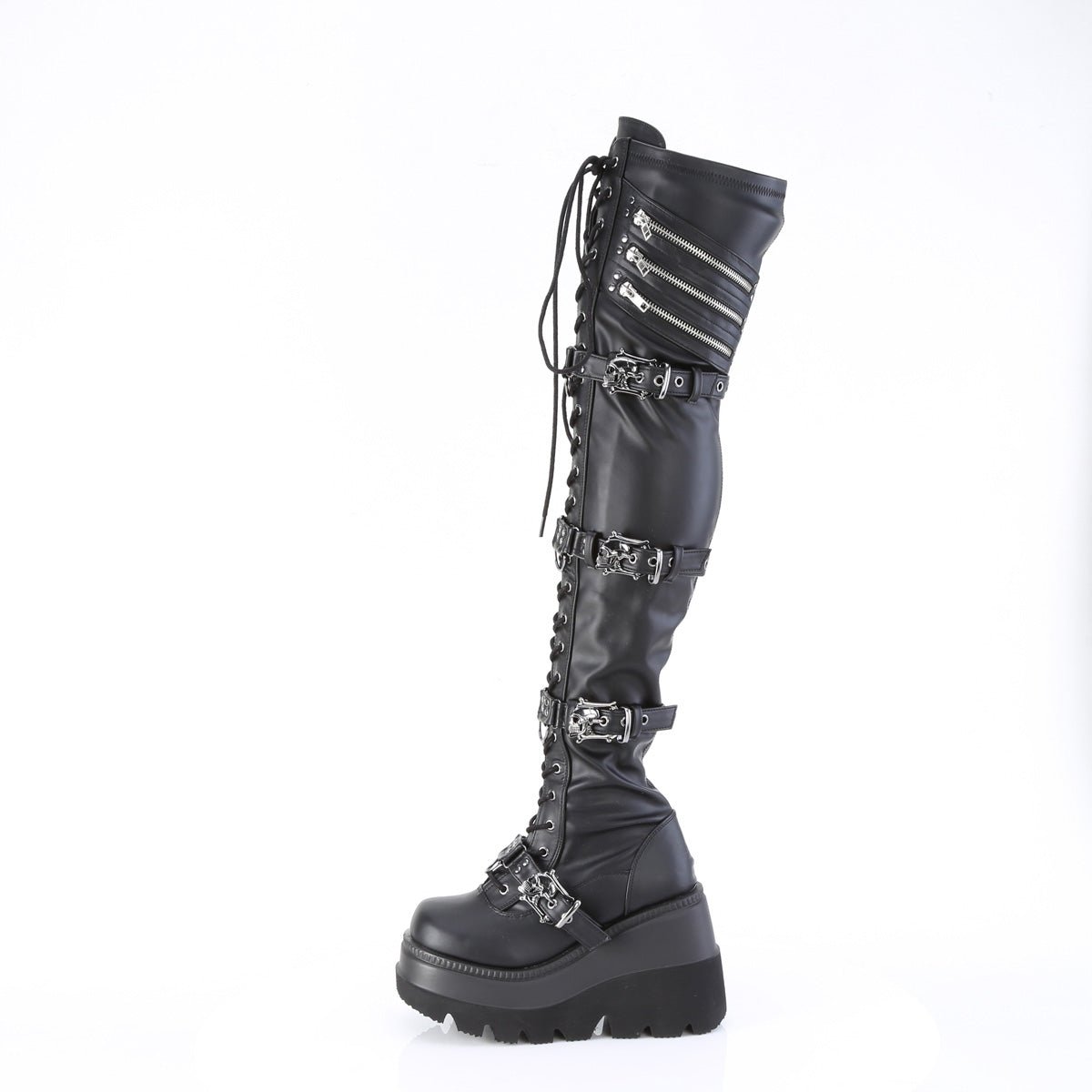 Too Fast | Demonia Shaker 420 | Black Stretch Vegan Leather Women&#39;s Over The Knee Boots