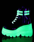 Too Fast | Demonia Shaker 52 | Black & Neon Green Patent Leather & Uv Neon Women's Ankle Boots