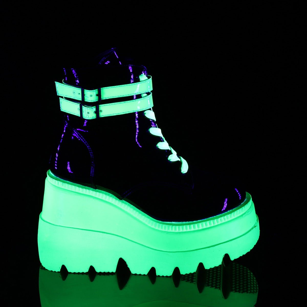 Too Fast | Demonia Shaker 52 | Black &amp; Neon Green Patent Leather &amp; Uv Neon Women&#39;s Ankle Boots