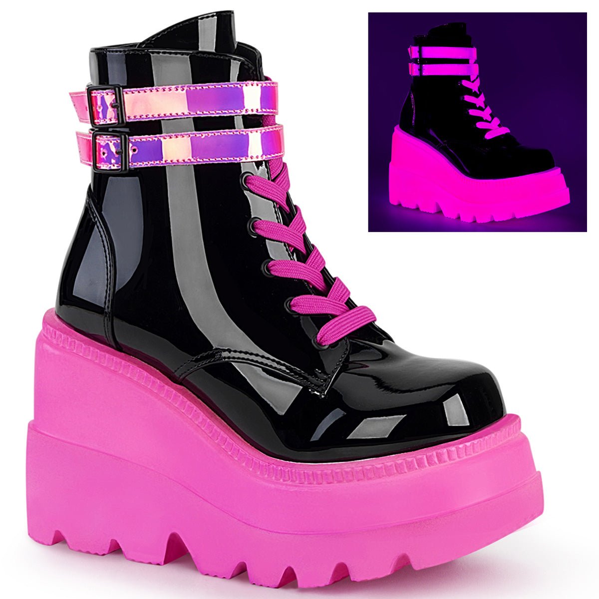 Too Fast | Demonia Shaker 52 | Black & Neon Pink Patent Leather & Uv Neon Women's Ankle Boots